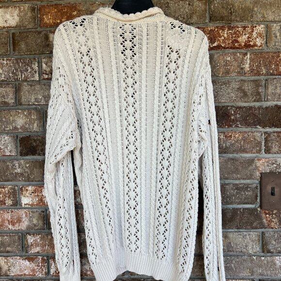 Vintage LizSport white open knit sweater with collar and rosebud pattern. Large - Picture 2 of 12